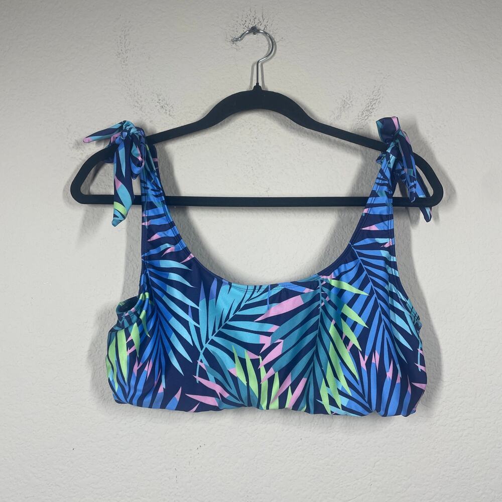 ModCloth XL Tie Shoulder Bikini Top Swimwear Black Blue Tropical Palm Leaf